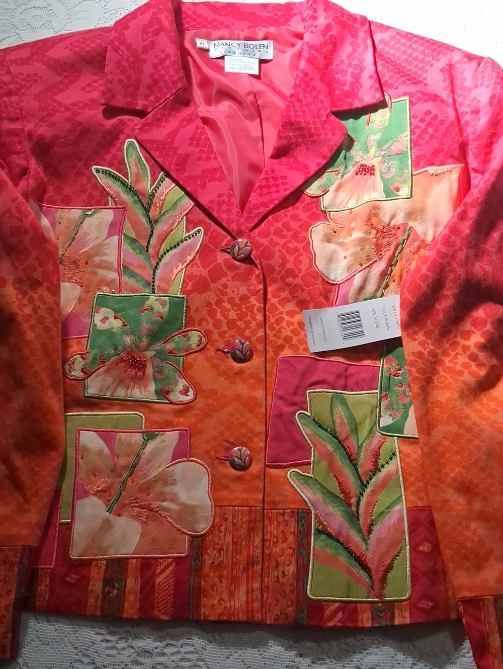 Nancy Bolen Coral-Pink Floral Patchwork Blazer
